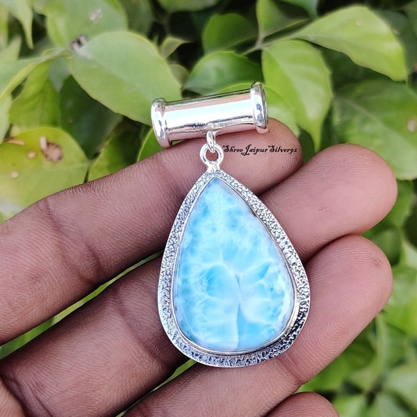 Colgante de Larimar natural, colgante de piedra preciosa azul cielo, colgante hecho a mano, colgante de plata de ley 925, collar de aniversario, colgante de pera