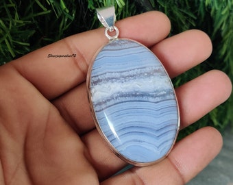 Natural Blue Lace Agate Necklace Pendant, 925 Sterling Silver Pendant, Blue Lace Agate Pendant Jewelry, Unique Silver Pendant, Gift for her