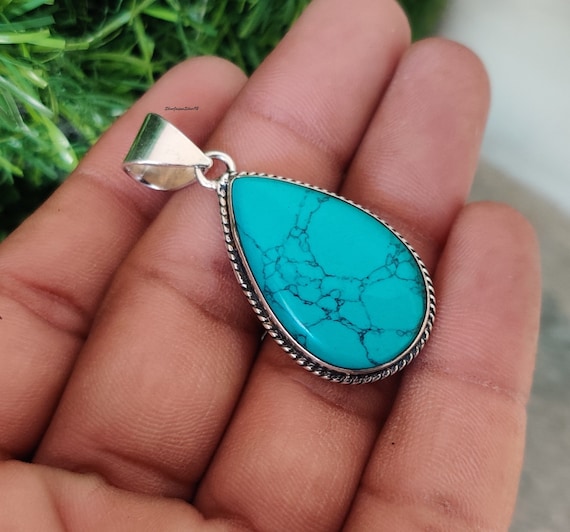 Pendentif En Argent Sterling 925 Avec Turquoise Naturelle - Fait Main, 18 Pouces