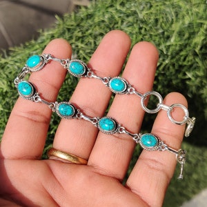 Bracciale regolabile a forma ovale in argento sterling 925 con pietra di luna arcobaleno naturale, gioielli con pietre preziose, braccialetto tennis, regalo per lei, regalo per amore Turquoise