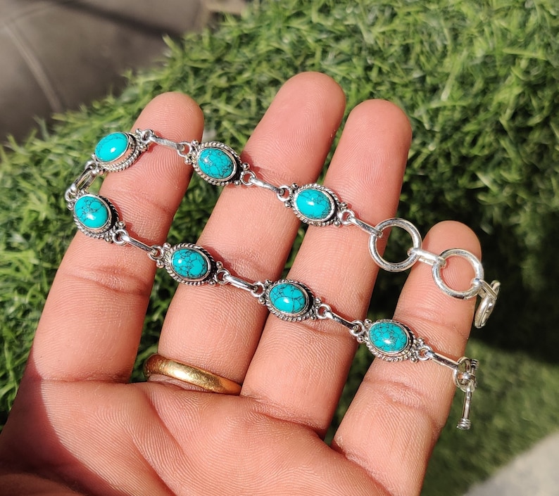 Bracciale regolabile a forma ovale in argento sterling 925 con pietra di luna arcobaleno naturale, gioielli con pietre preziose, braccialetto tennis, regalo per lei, regalo per amore Turquoise