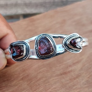 Garnet Gemstone  925 Sterling Silver Cuff Bangle, Adjustable Filigree Bangle, Birthstone Bangle, Natural Red Garnet Stone,Three Stone Bangle