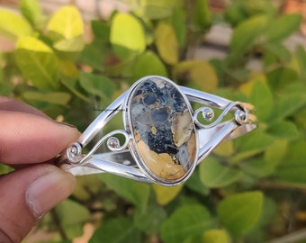 Handmade Maligano Jasper Bangle: Adjustable 925 Sterling Silver Cuff Bracelet