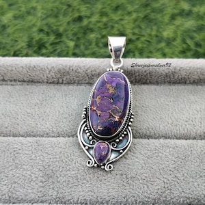 Purple Copper Turquoise Pendant, 925 Sterling Silver Pendant, Purple Two stone Pendant, Turquoise Handmade Pendant Latest Pendent Cyber 2023