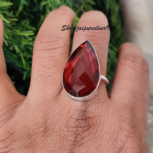 Natürlicher Granat Ring-Handgemachter Silberring-925 Sterling Silber Ring-Tropfen Granat Ring-Versprechensring-Geschenk für Sie-Jubiläumsring