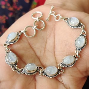 Bracciale regolabile a forma ovale in argento sterling 925 con pietra di luna arcobaleno naturale, gioielli con pietre preziose, braccialetto tennis, regalo per lei, regalo per amore Moonstone