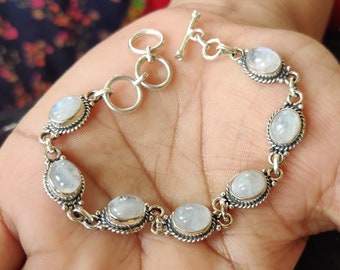 Natural Rainbow Moonstone 925 plata de ley forma ovalada pulsera ajustable, joyería de piedras preciosas, pulsera de tenis, regalo para ella, regalo para el amor