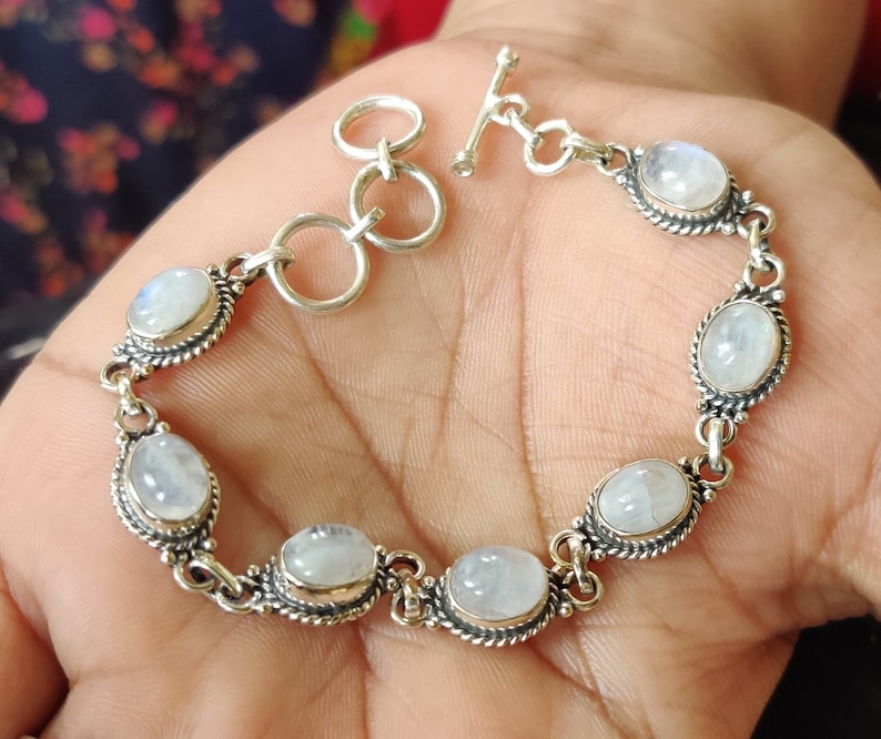 Bracciale regolabile a forma ovale in argento sterling 925 con pietra di luna arcobaleno naturale, gioielli con pietre preziose, braccialetto tennis, regalo per lei, regalo per amore Moonstone