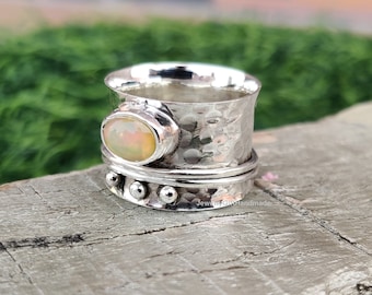 Opal Gemstone Spinner Ring: Two-Tone 925 Sterling Silver Meditation Jewelry