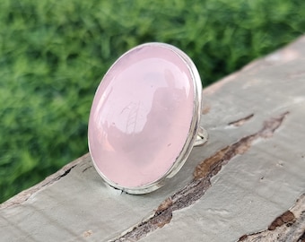 Anillo de plata de piedra preciosa de cuarzo rosa / Anillo de piedra preciosa ovalada lisa de plata de ley 925 / Diseñador hecho a mano joyería de plata para mujeres Regalo del Día de la Madre