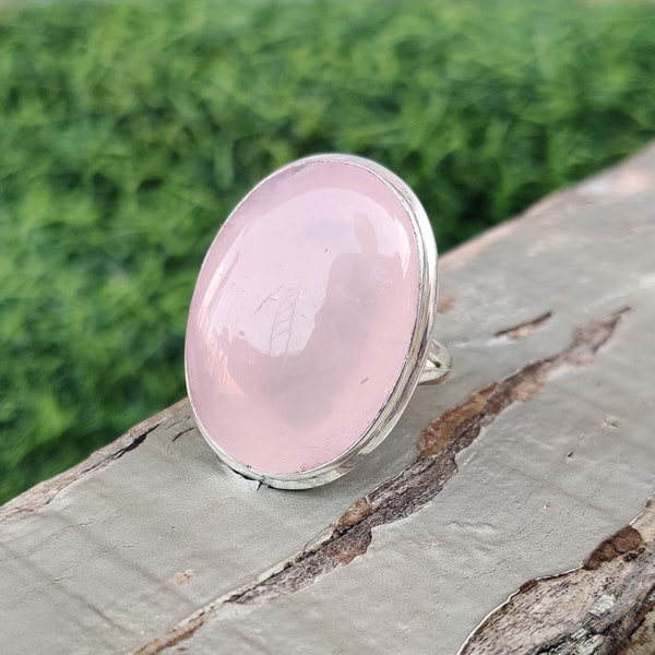 Bague en argent avec pierres précieuses en quartz rose | Bague en argent sterling 925 avec pierres précieuses ovales lisses | Bijoux en argent faits main de créateur pour femmes, cadeau de fête des mères