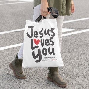 Jesus Loves You Tote Bag - White with Black Handles - Inspirational Christian Gift - Reusable Shopping Bag - Faith-Based Accessory Bible Bag
