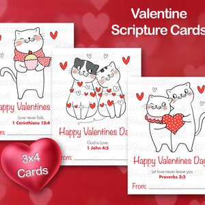 Tarjetas cristianas de San Valentín con las Sagradas Escrituras (6) de 3 x 4 para imprimir con adorables gatos, versículos bíblicos amorosos para alentar a los amantes de los gatos y a la educación en el hogar