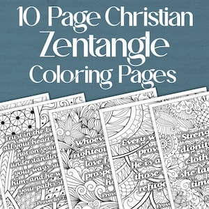 May include: A set of ten Christian Zentangle coloring pages. Each page features intricate black and white designs with inspirational quotes from Proverbs. The pages are designed for relaxation and creative expression.