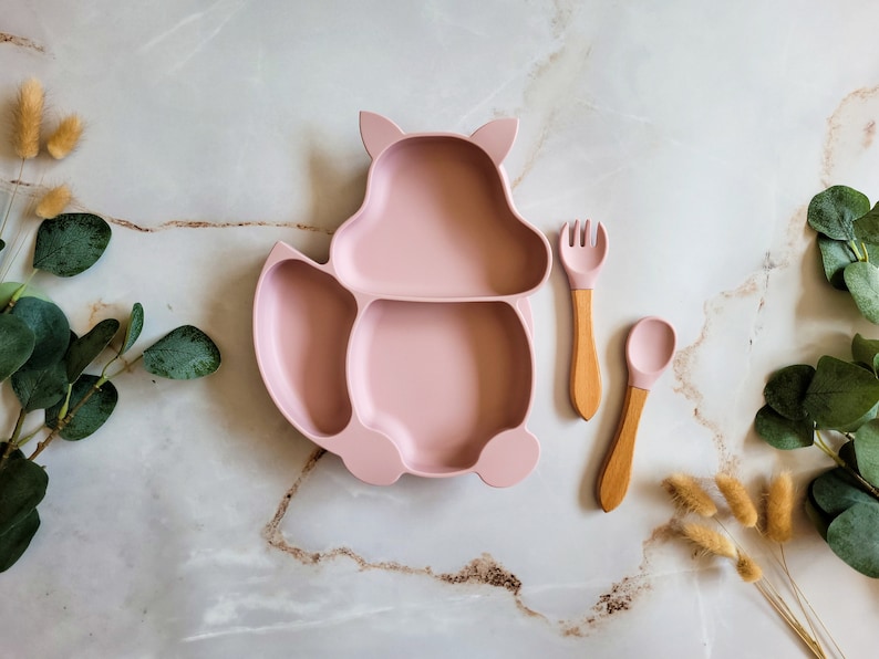 Baby und Kinder Silikon Geschirrset / Silikon Teller mit Saugnapf / Silikon Besteck / BPA-Frei Bild 4