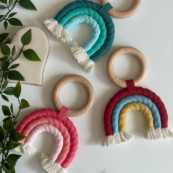Baby Gripper Rainbow Organic Cotton Wooden Toy Gripping Ring Teething Ring Macramé
