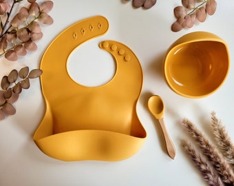 Baby und Kinder Silikon Geschirrset 3-teilig / Baby Geschenkset / Geburtsgeschenk / Silikon Geschirr Senfgelb