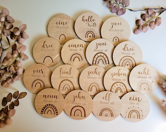 Wooden milestone card set "My first year" / baby milestone cards / 16 motifs