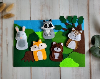 Felt finger puppet set forest animals / 5 felt finger puppets / baby gift / Montessori toy