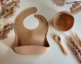 Baby und Kinder Silikon Geschirrset 3-teilig / Baby Geschenkset / Geburtsgeschenk / Silikon Geschirr Beige