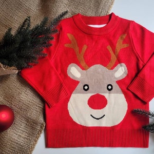 Jersey navideño infantil, jersey de punto, jersey navideño de renos, rojo y verde