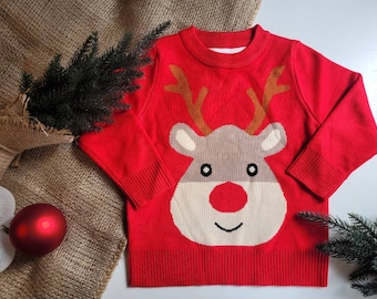Children's Christmas sweater, knitted sweater, reindeer Christmas sweater, red and green