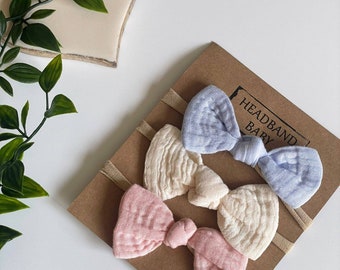 Set of 3 baby muslin headband hair band bows organic cotton hair bow