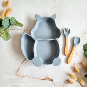 Baby und Kinder Silikon Geschirrset / Silikon Teller mit Saugnapf / Silikon Besteck / BPA-Frei Blaugrau
