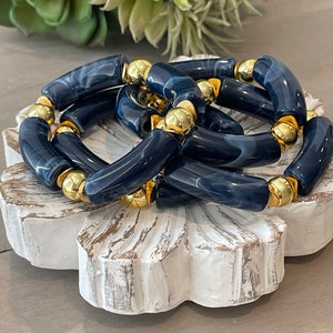Navy blue marbled tube bracelet, summer jewelry, holiday gift, arm party, stacking bracelet, stretch bracelet, classy jewelry