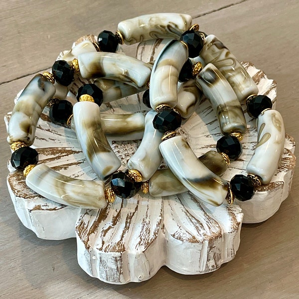 Acrylic tube stretch bracelet,summer jewelry/trending now,bougie,black beads,stackable,boho,black and tan marble,arm party,handmade,classy