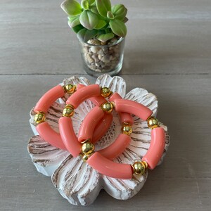 Coral tube bracelet, spring summer jewelry, for women, mix and match,  stacking bracelet, stretch bracelet, gold beads, classy jewelry