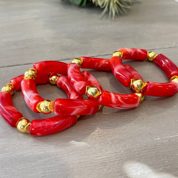 Red stretch beaded bracelet/summer jewelry/stacking bracelets/boho style/red marbled beads/arm party/spring jewelry/handmade