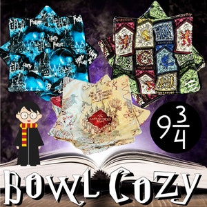 May include: A collection of bowl cozies with various patterns. One features a blue and black Harry Potter design, another showcases Hogwarts house crests, and a third displays the Marauder's Map. The image includes a cartoon of Harry Potter and the text "BOWL COZY".
