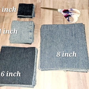 May include: Four squares of denim fabric in different sizes. The squares are labeled with their measurements in inches: 3 inch, 4 inch, 6 inch, and 8 inch.