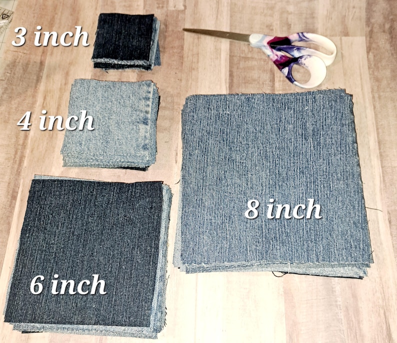 May include: Four squares of denim fabric in different sizes. The squares are labeled with their measurements in inches: 3 inch, 4 inch, 6 inch, and 8 inch.