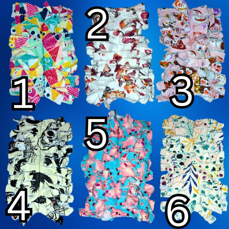 May include: Six different fabric scraps with numbers 1 through 6 on them. The fabrics are all different patterns and colors, including pink, blue, white, and yellow.