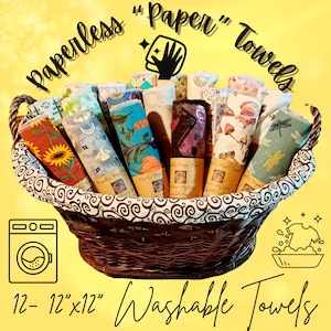 May include: A wicker basket filled with 12 colorful, patterned, washable kitchen towels. The towels are 12 inches by 12 inches and are labeled "Paperless Paper Towels". The text "Paperless" and "Paper" Towels" is written in a whimsical font. The basket is sitting on a yellow background with a washing machine and a bowl of water with a shirt in it.