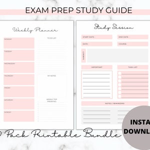 Op de afbeelding: Een printbare studiegids voor de voorbereiding op examens. De gids bevat een weekplanner met secties voor maandag tot en met zondag, een to-dolijst, notities en wekelijkse topprioriteiten. Hij bevat ook een studie-sessieplanner met secties voor startdatum, einddatum, datum, onderwerp, cursus, belangrijke taken, een takenlijst en notities of herinneringen. De gids is ontworpen om studenten te helpen hun studie te organiseren en op schema te blijven.
