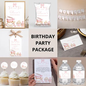 May include: A birthday party package with a tea party theme. Includes a framed sign, chip bag, banner, gift tag, cupcake toppers, invitation, and water bottle labels. The design features teacups, cupcakes, and the text "Tea for Two, Olivia's Second Birthday."