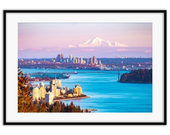 Mt Baker Sunset Over Vancouver Downtown & Lions Gate Bridge Wall Print | Cityscape, Landscape photography, British Columbia Canada