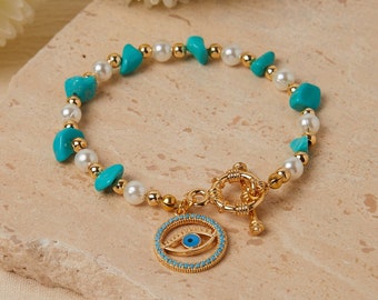 Evil Eye Armband, Süßwasserperle Perlen Armband, Schutz Schmuck, Perlen Evil Eye Armband, Glücksarmband, Geschenk für sie