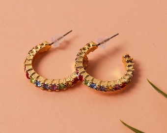 Minimalist Multicolor CZ Hoop Earrings, Colored Stone Earrings, Rainbow Hoop Earrings, Dainty Hoops, Gift for Her, Everday Earrings