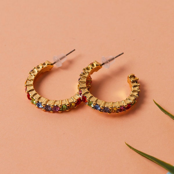 Minimalist Multicolor CZ Hoop Earrings, Colored Stone Earrings, Rainbow Hoop Earrings, Dainty Hoops, Gift for Her, Everday Earrings