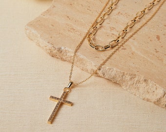 Double Layered Cross Necklace Set, Gold Cross Necklace, Religious Necklace, Cross Choker Necklace, Cross Pendant, Gift for Her