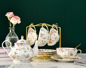 Handmade Ceramic Tea Set | Flower Tea Set | Black Tea Coffee Pot | Afternoon Tea Coffee Cup Saucer Set | Tea Party | Housewarming Gift