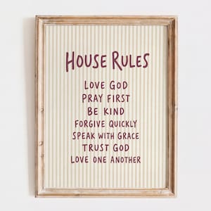 Christliche Hausregeln | Wandbild mit christlichen Familienwerten zum Ausdrucken | Beige-gestreifte Bibeldeko | Digitaler Download