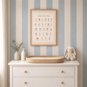 May include: A framed wall print titled GOD SAYS I AM featuring an alphabet chart with colorful letters and corresponding words, displayed above a white dresser with a woven changing pad, a white vase with greenery, and a plush rabbit toy.