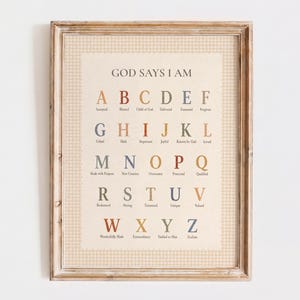 May include: A framed wall art print featuring the alphabet from A to Z in a muted color palette. Each letter is paired with a corresponding word, starting with the title GOD SAYS I AM at the top. The print has a beige background with a subtle gingham border, all encased in a light brown wooden frame.