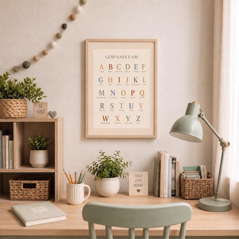 May include: A framed wall art print featuring the alphabet with the text GOD SAYS I AM above the letters. Each letter is paired with a descriptive word in a muted color palette. The print has a light-colored background with a subtle grid pattern.
