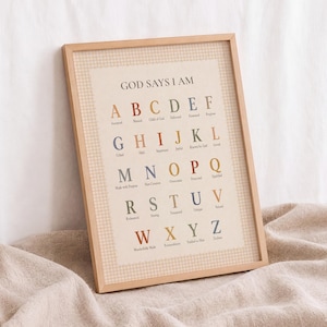 May include: A framed wall art print featuring the text GOD SAYS I AM followed by the alphabet from A to Z. Each letter is paired with a descriptive word in a muted color palette. The print has a light beige background with a subtle gingham border.